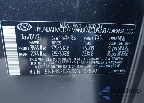 2022 Hyundai Santa Fe Sel из США, поврежденный, VIN 5NMS2DAJXNH375001